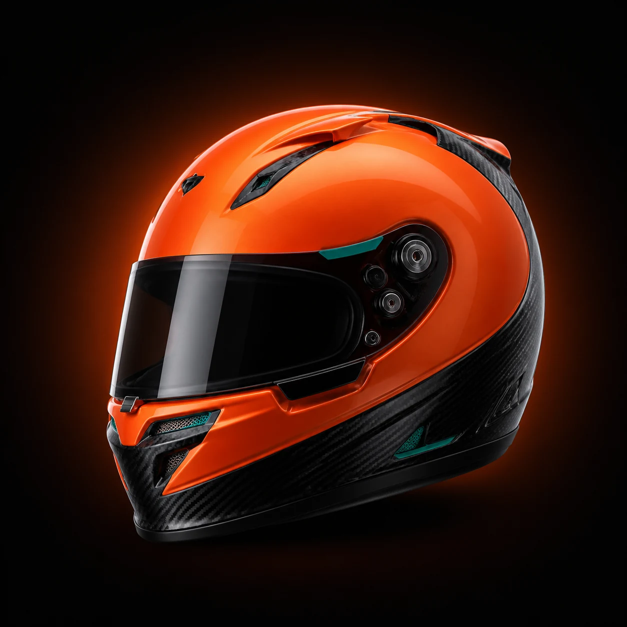 Fictional papaya and carbon full-face racing helmet assembled from an exploded view